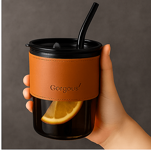 كوب زجاج مع شاليموه و غلاف جلدي - Hommy