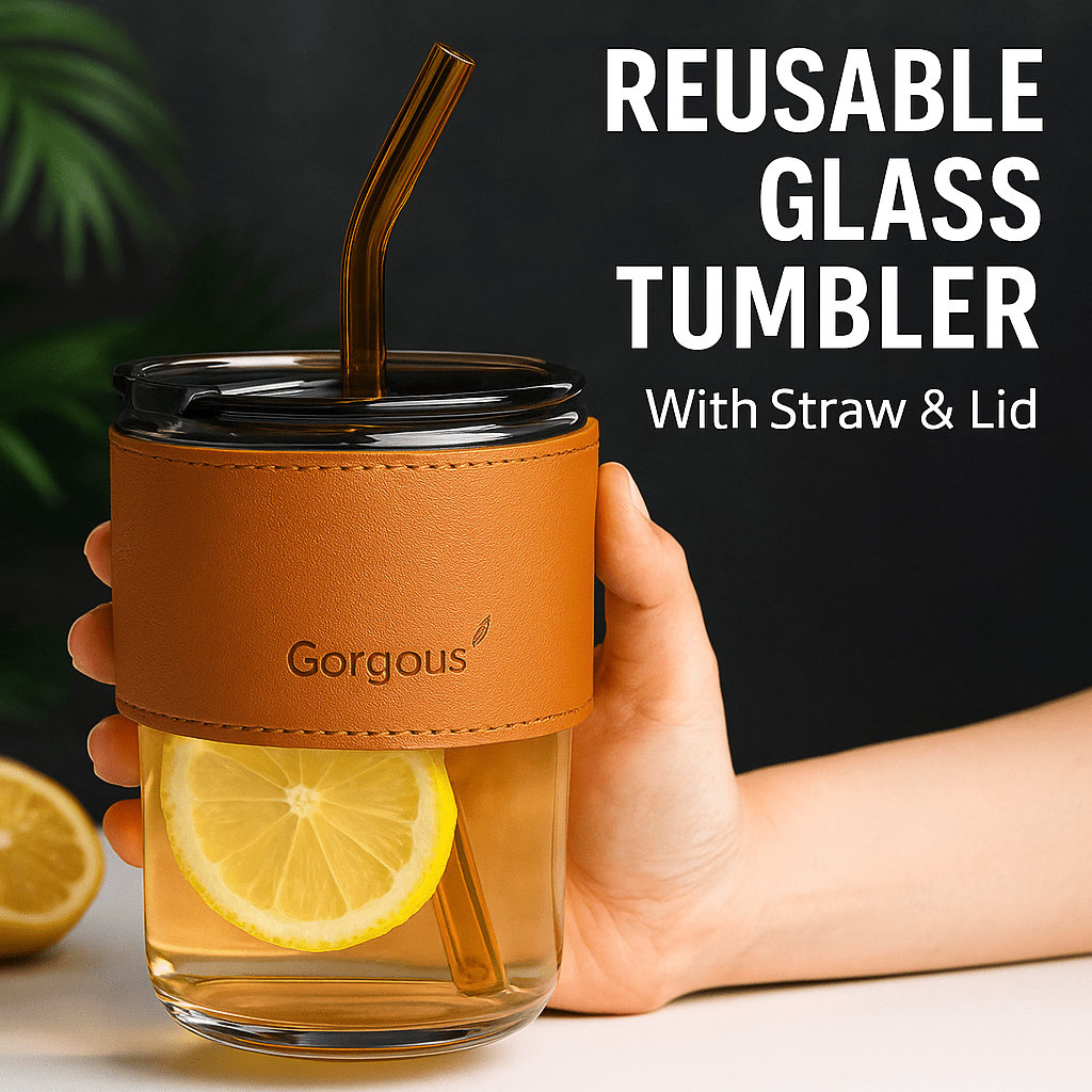 كوب زجاج مع شاليموه و غلاف جلدي - Hommy