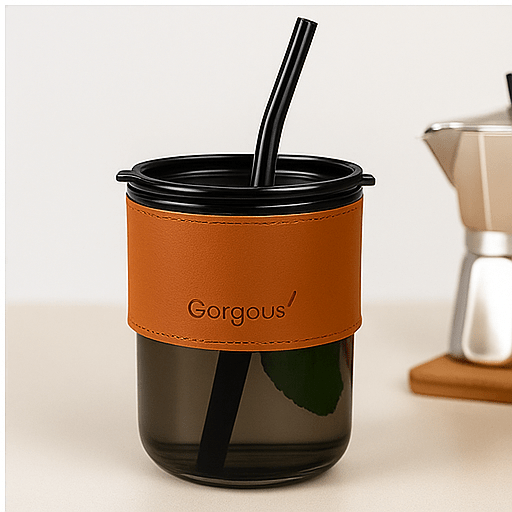 كوب زجاج مع شاليموه و غلاف جلدي - Hommy