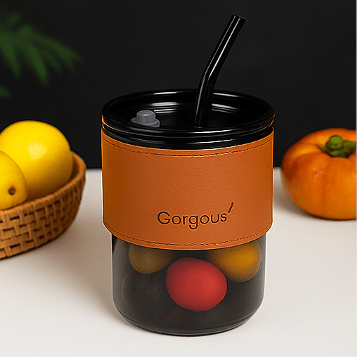 كوب زجاج مع شاليموه و غلاف جلدي - Hommy