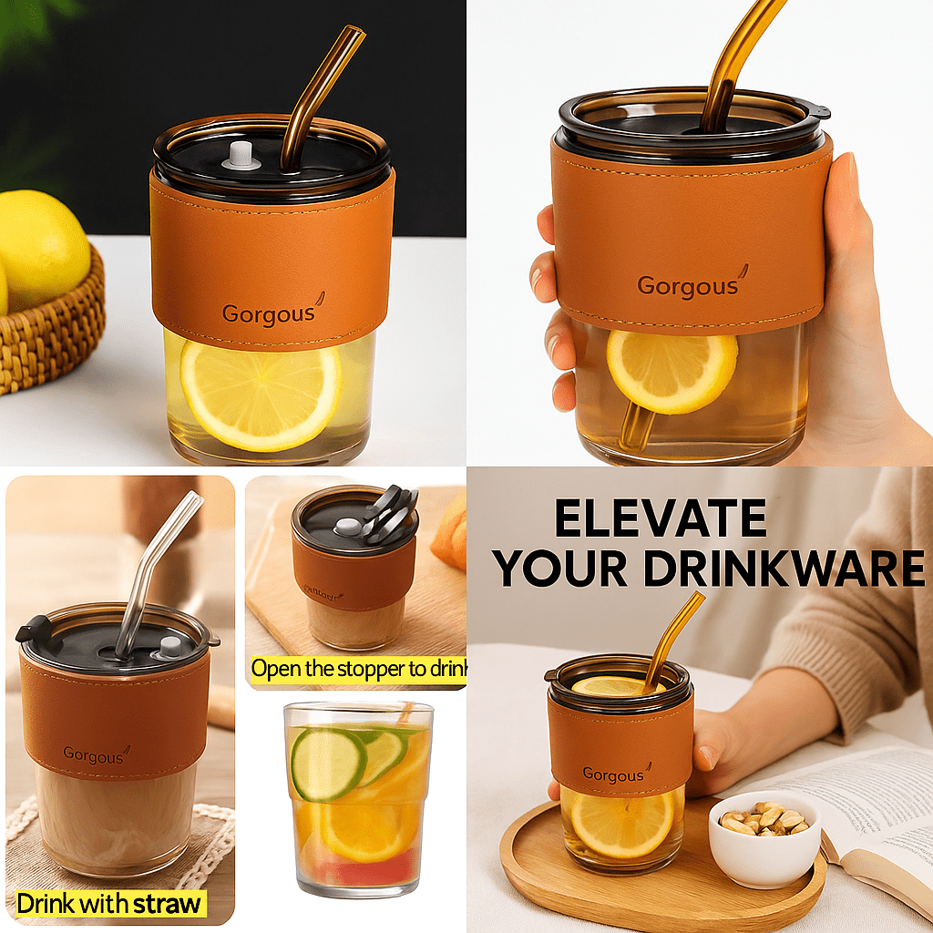 كوب زجاج مع شاليموه و غلاف جلدي - Hommy