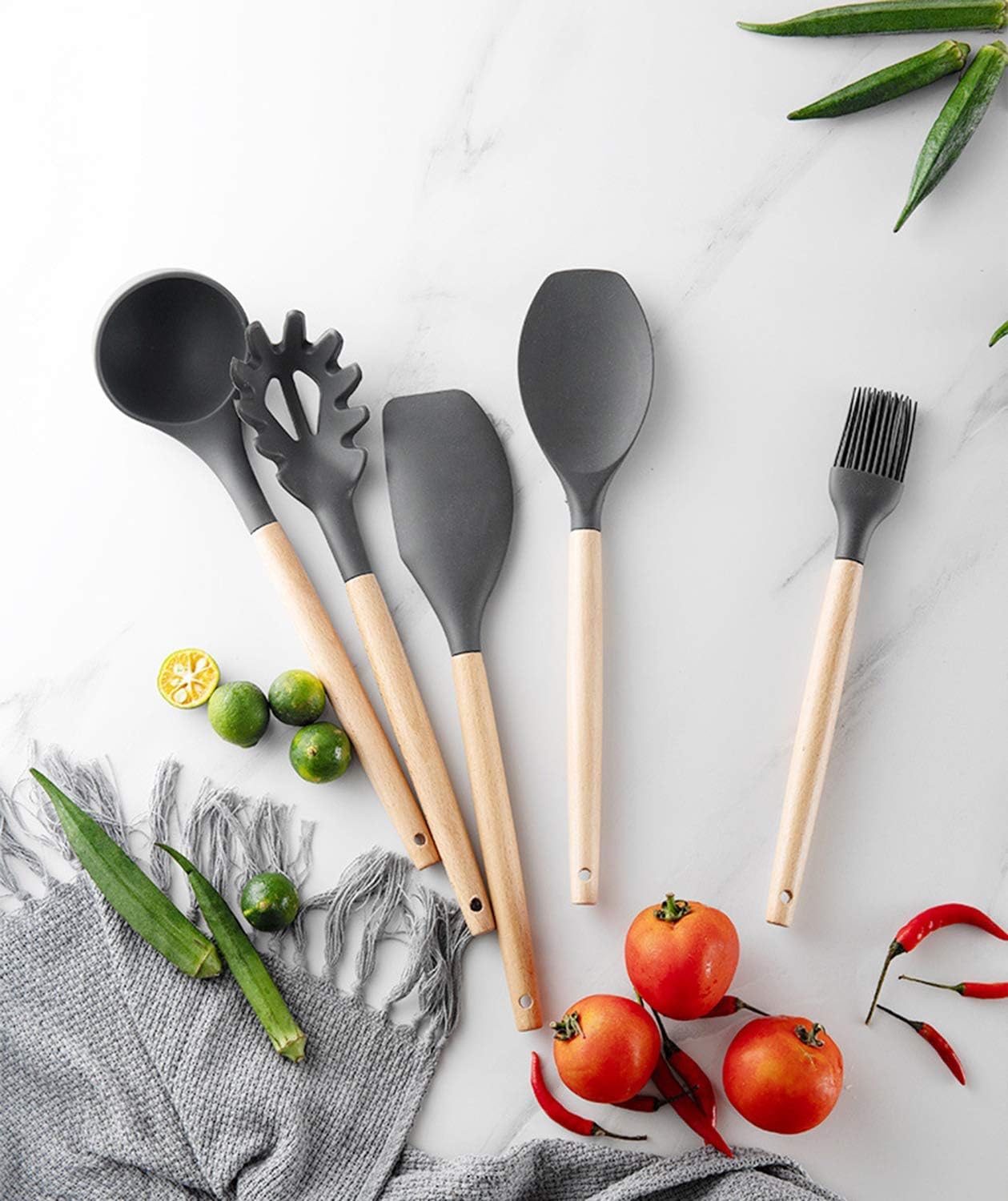 طقم ادوات توزيع سيليكون بمقابض خشبية 11 قطعة - Hommy