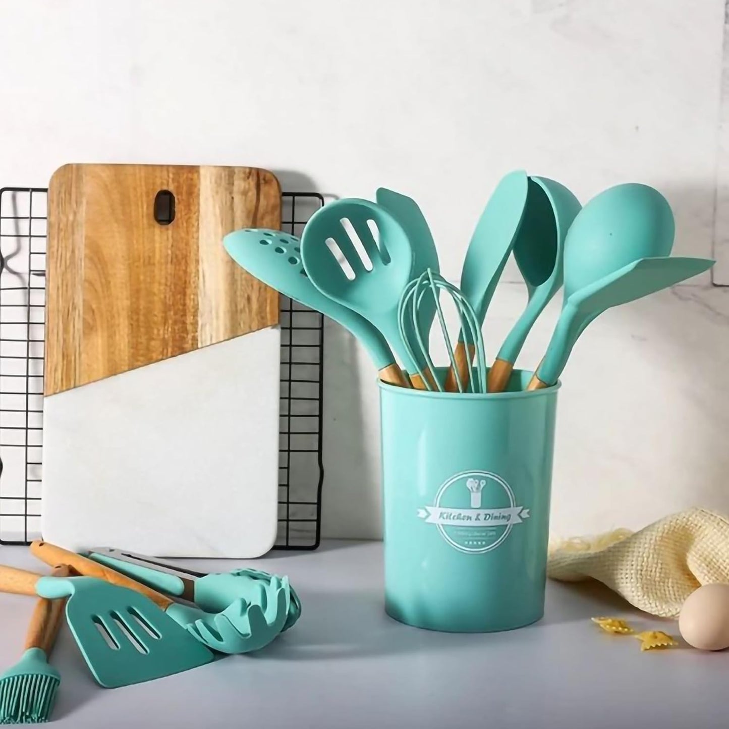 طقم ادوات توزيع سيليكون بمقابض خشبية 11 قطعة - Hommy