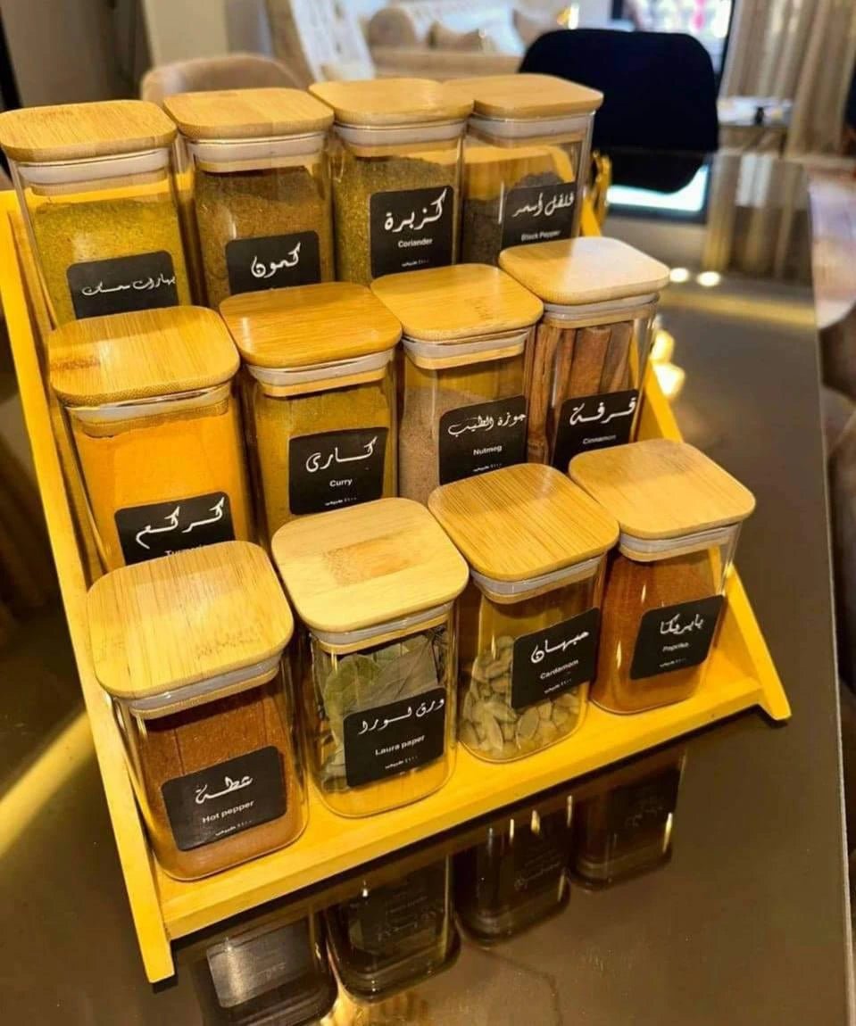 طقم توابل غطاء خشب + سلم خشب+ ستيكرات - Hommy