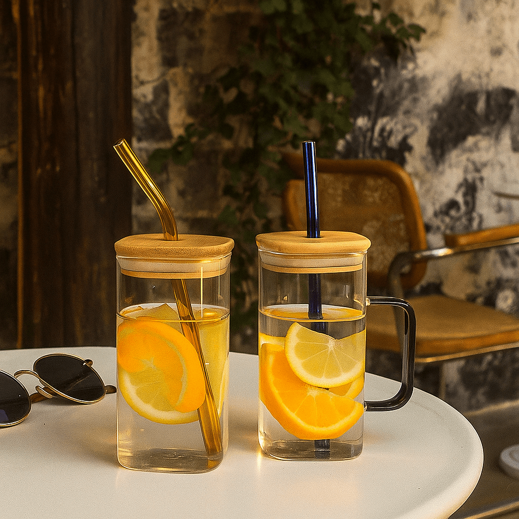 كوب شرب زجاجي بغطاء خشبي - Hommy