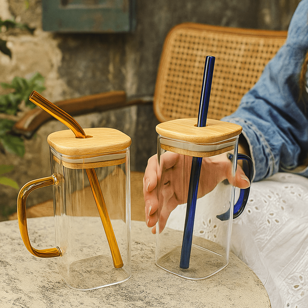 كوب شرب زجاجي بغطاء خشبي - Hommy