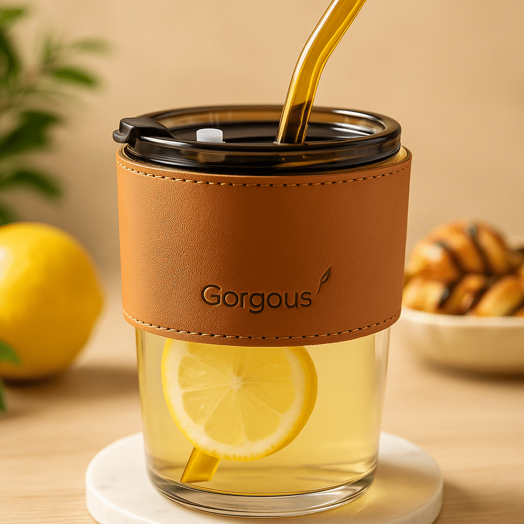 كوب زجاج مع شاليموه و غلاف جلدي - Hommy