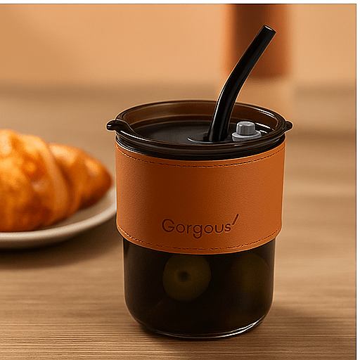 كوب زجاج مع شاليموه و غلاف جلدي - Hommy