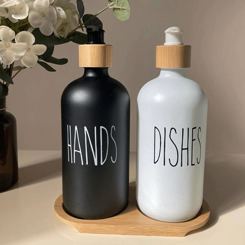 مجموعة موزع صابون مع حامل خشب - Hommy