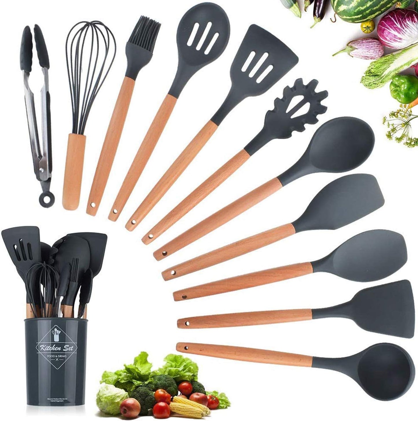 طقم ادوات توزيع سيليكون بمقابض خشبية 11 قطعة - Hommy