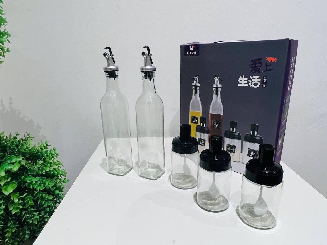 طقم موزع زيت وخل وتوابل زجاج 5 قطع - Hommy