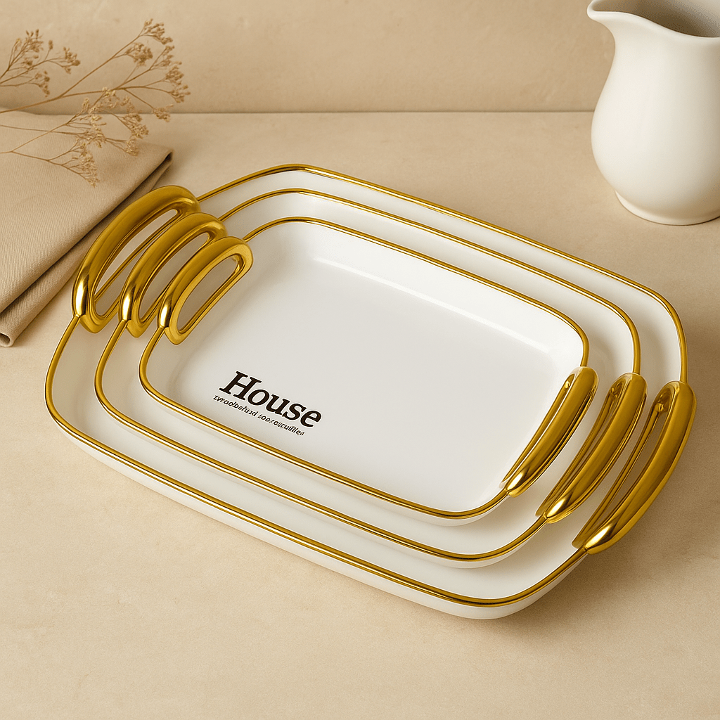 طقم صواني تقديم هاوس ٣ قطع مستطيل كيرف - ابيض - Hommy